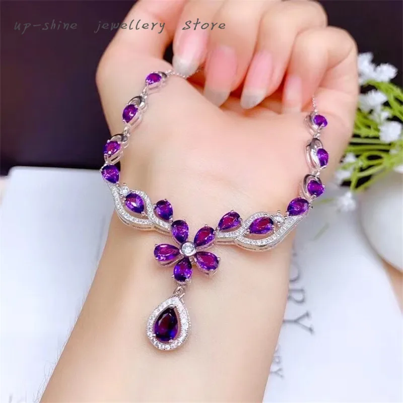 

New women's 925 silver inlaid natural amethyst necklace, luxurious noble and elegant design, must-have for banquets