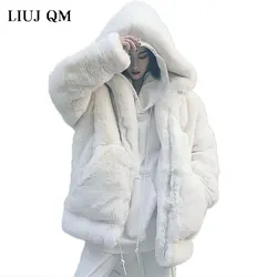 2023 New Winter Faux Fur Coat Women High Quality Korean Loose Imitation Rex Rabbit Fur Coat Large size Thick Warm Hooded Jacket