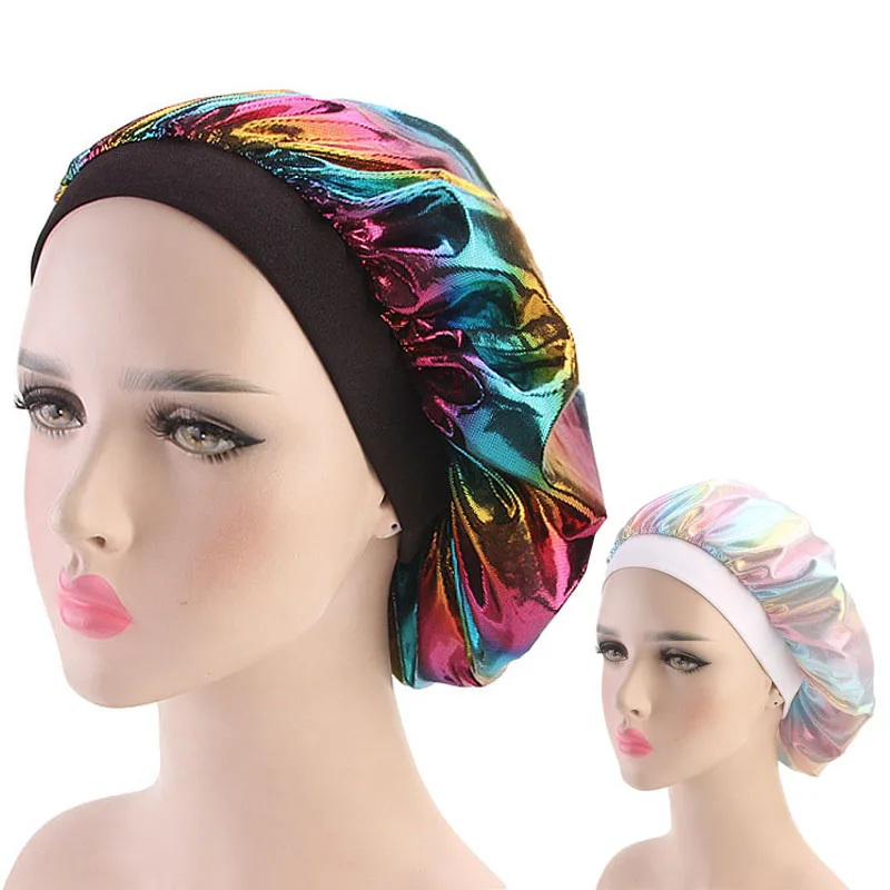 

New Women's Laser Silky DU-RAG Hair Cover Accessories Wave Caps Rags Wide Band Bonnet Salon Hat Turban Durag doo rag Headwrap