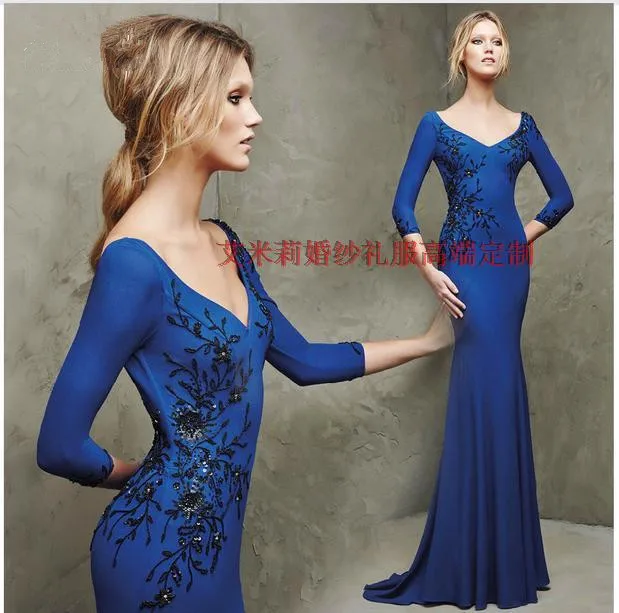 

sexy mermaid v-neck three quarter sleeves beading 2025 vestido de festa Evening Formal prom gown mother of the bride dresses