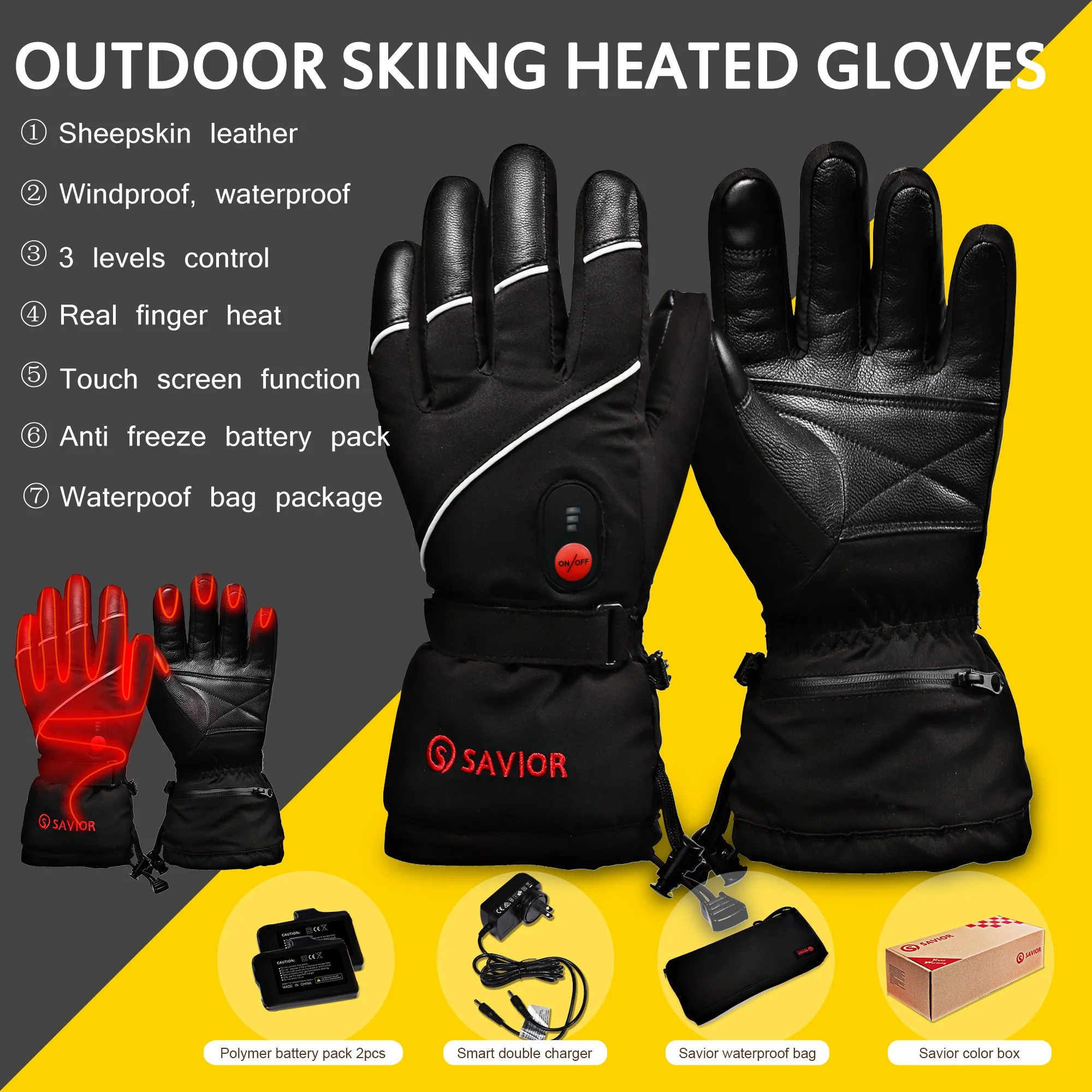 SAVIOR – gants chauffants à batterie Rechargeable pour hommes et femmes, pour le ski, le mortorycle, l'équitation, la randonnée, la chasse et la pêche, mitaines thermiques