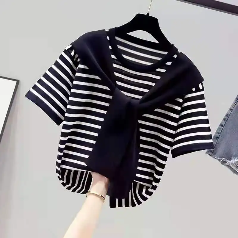 Women\'s T-shirt Summer New T Shirt Women Fake Two-piece Knitted Striped Short Sleeve Tshirt Casual Korean Fashion Poleras Mujer