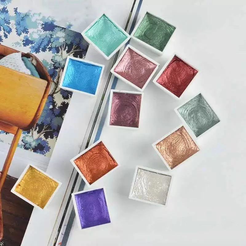 12 Colors Solid Watercolor Paints Set Textured Pearlescent Pigment Metallic Glitter Acuarela Suit Portable Art Supplies image 5