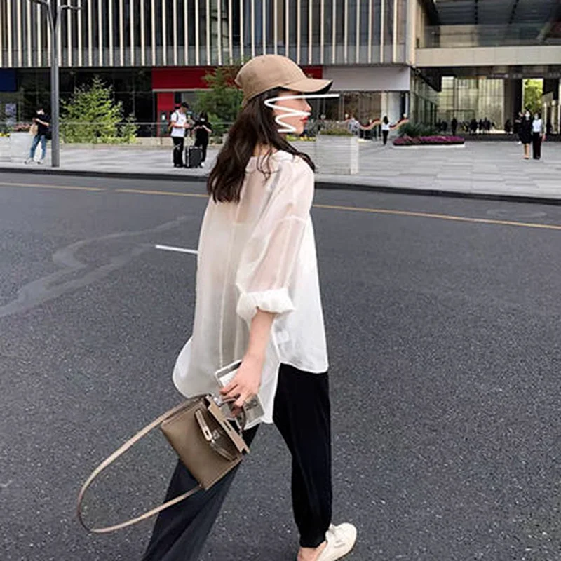 Shirts Women Loose Solid Pockets Summer Thin New Design Long Sun-proof Fashion All-match Translucent Sexy Chemise Mujer Simple