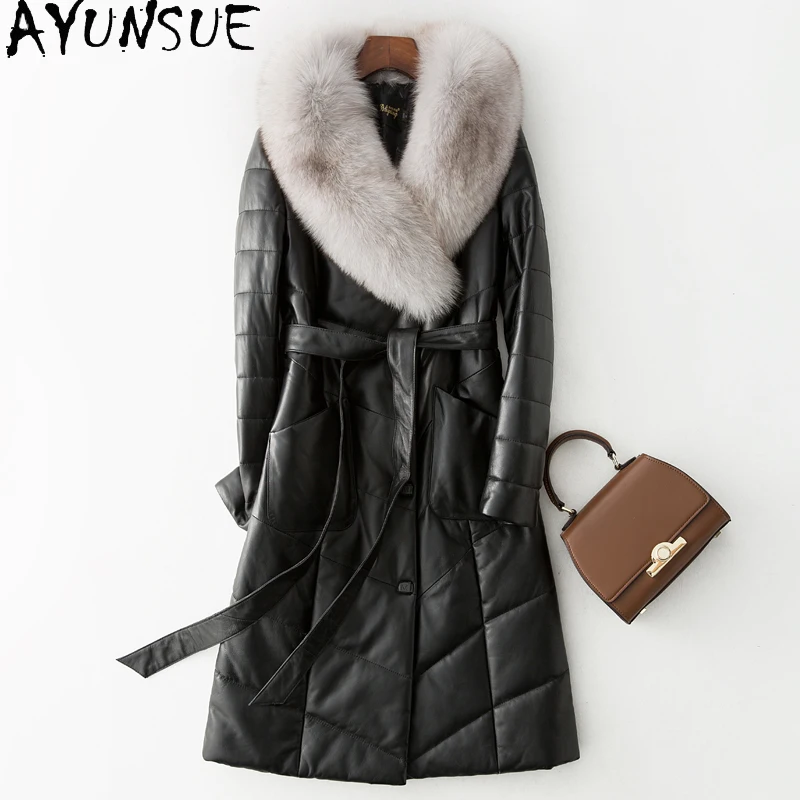 Ayune-Chaqueta de piel auténtica para Mujer, abrigo de piel de oveja auténtica, con cuello de piel de zorro, con cinturón, Invierno