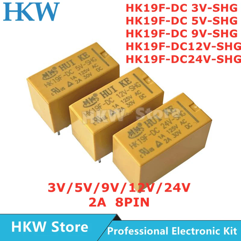 5pcs Relay HK19F-DC3V-SHG HK19F-DC5V-SHG HK19F-DC12V-SHG HK19F-DC24V-SHG HK19F-DC24V-SHG HK19F 3V 5V 9V 12V 24V 8PIN 2A Relays