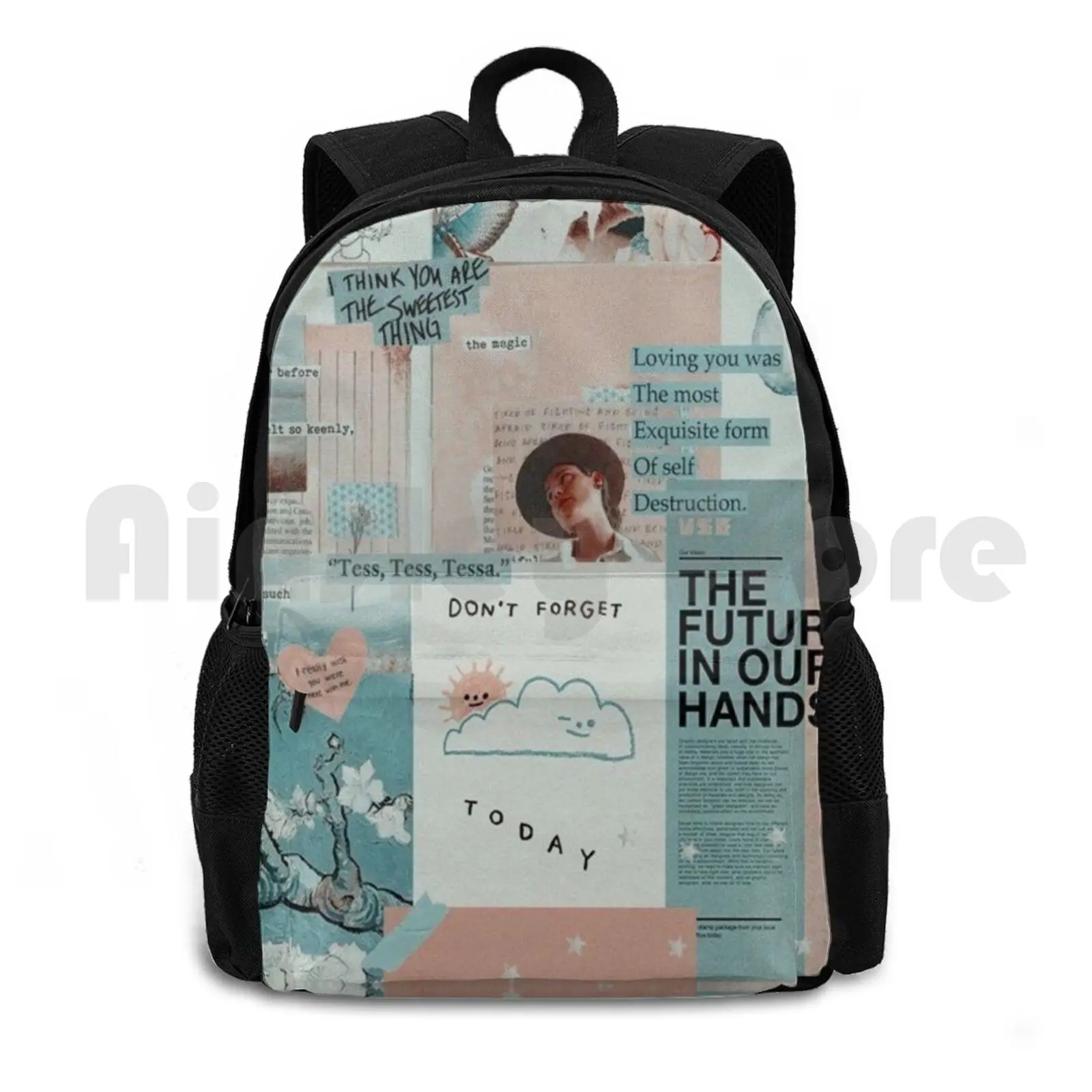 Y2k Light Blue And Pink Aesthetic Collage Outdoor Hiking Backpack Waterproof Camping Travel Collage Y2k Collage Aesthetic