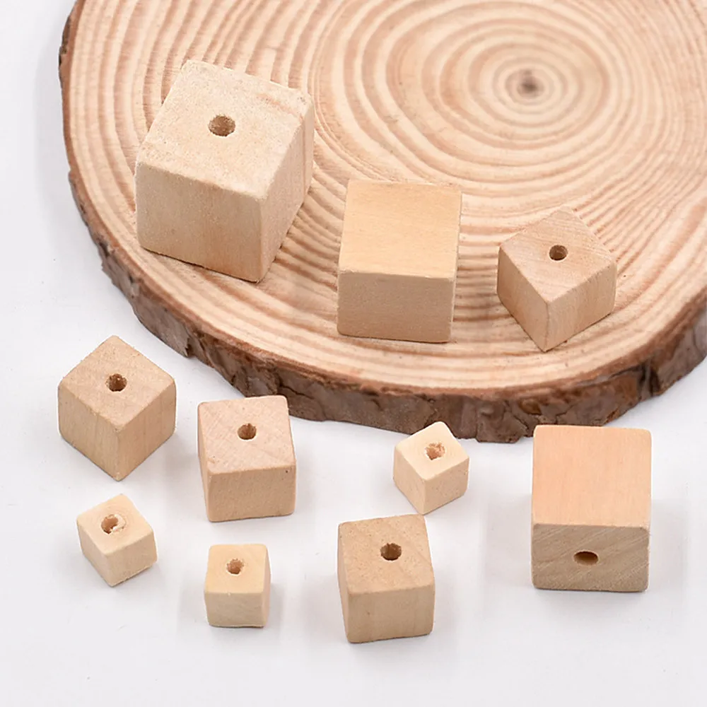 5/10pcs Cube Square Shape Natural Wood 15mm 20mm 25mm 30mm Loose Handcraft Beads for DIY Crafts Jewelry Making 10pcs