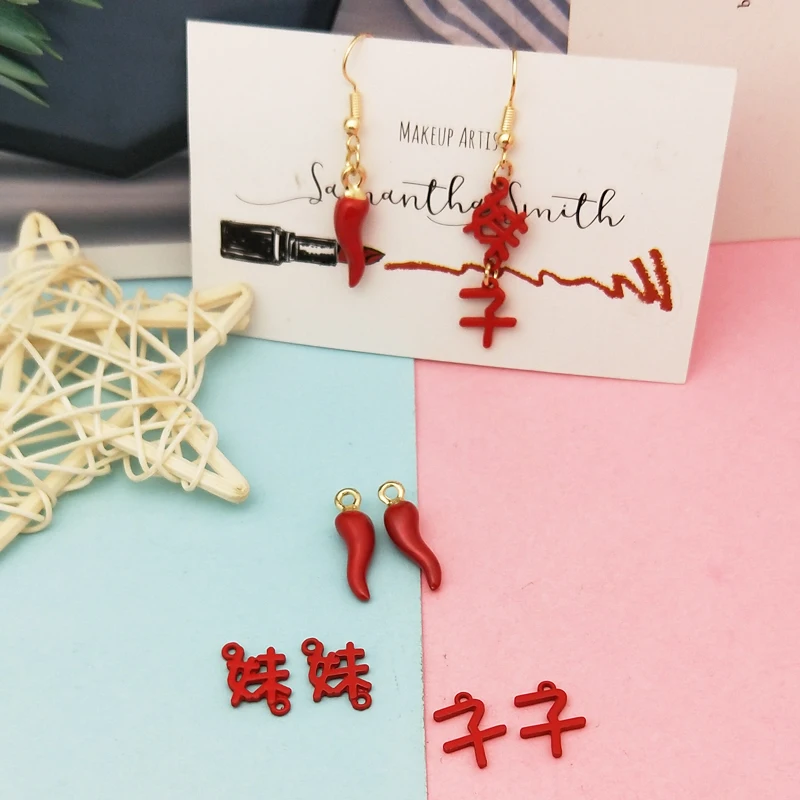 10pcs/lot Red Chili Horn & Chinese Girl Charm Alloy Talisman DIY Jewelry Accessories Craft Lucky Pendant Making Earring Floating