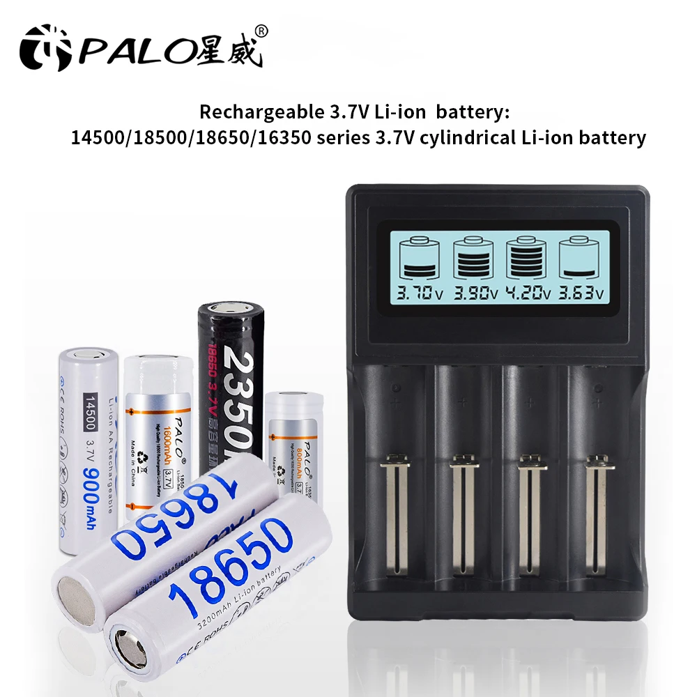 PALO 4-12pcs 3.7V 3200mAh 18650 Li-ion Lithium Rechargeable Battery For Flashlight Toys+LCD 14500 18650 li ion battery charger