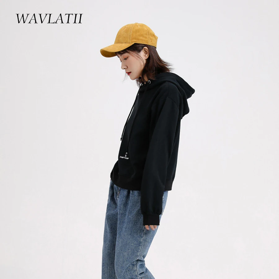 WAVLATII Women New Short Style Hoodies Lady Yellow Khaki Embroidery Terry Hooded Sweatshirts Female Spring Autumn Tops WH2108