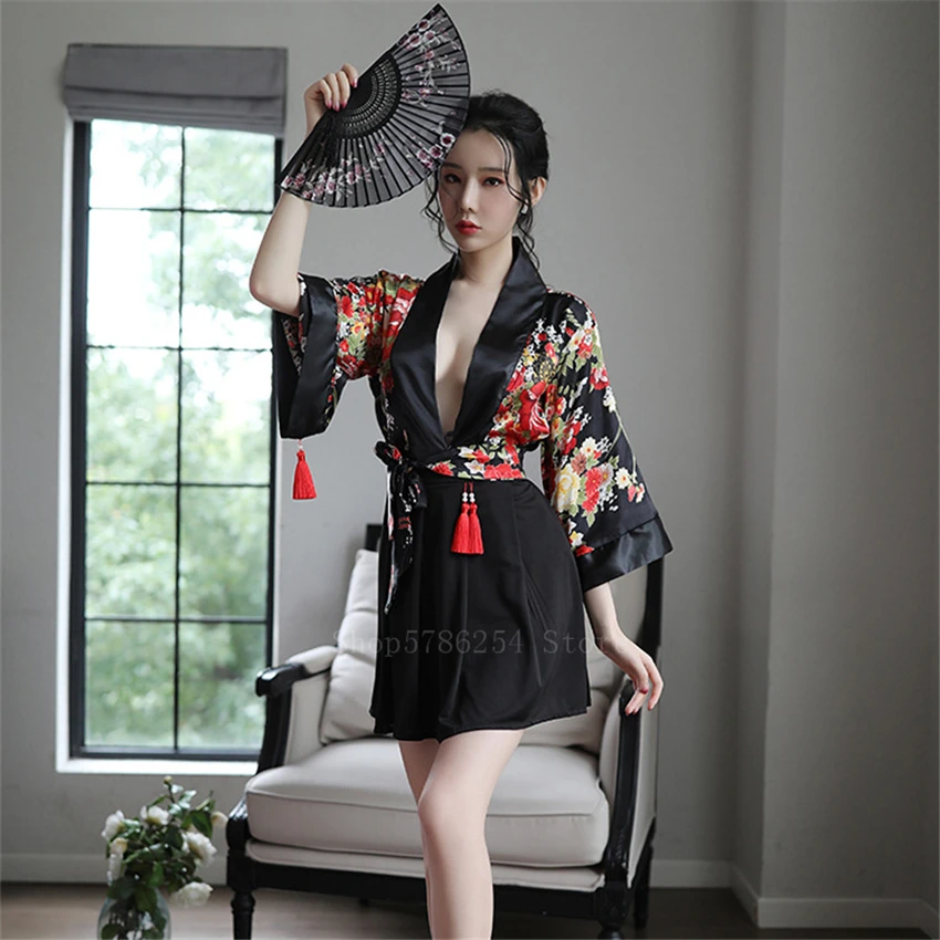 

4Pcs Japanese Fancy Floral Print Kimono Sexy Dress Women Female Tussel Pajamas Hot Lingerie Yukata Robe Costume V Neck Cardigan