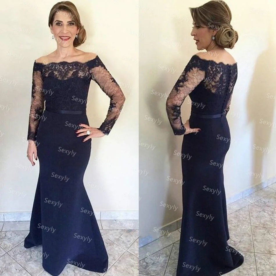 Navy Blue Mermaid Mother Of The Bride Dress Off Shoulder Lace Long Sleeve Evening Dress Elegant Wedding Party Gown Customized