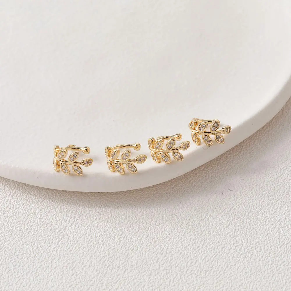 4PCS 12mm 14k Gold Plated Leaf Shape Clip on Earrings Zircon Brass Diy Earrings Supplies for Jewelry Findings Made  Accessories image 4