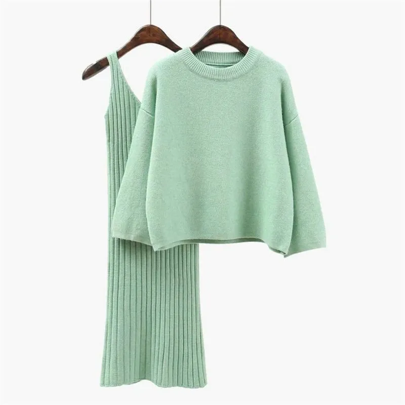 

2023 Autumn Womans Sweater + Straped Dress Sets Solid Color Female OL 2 piece Suits Loose Sweater Knit Mid Dress Winter