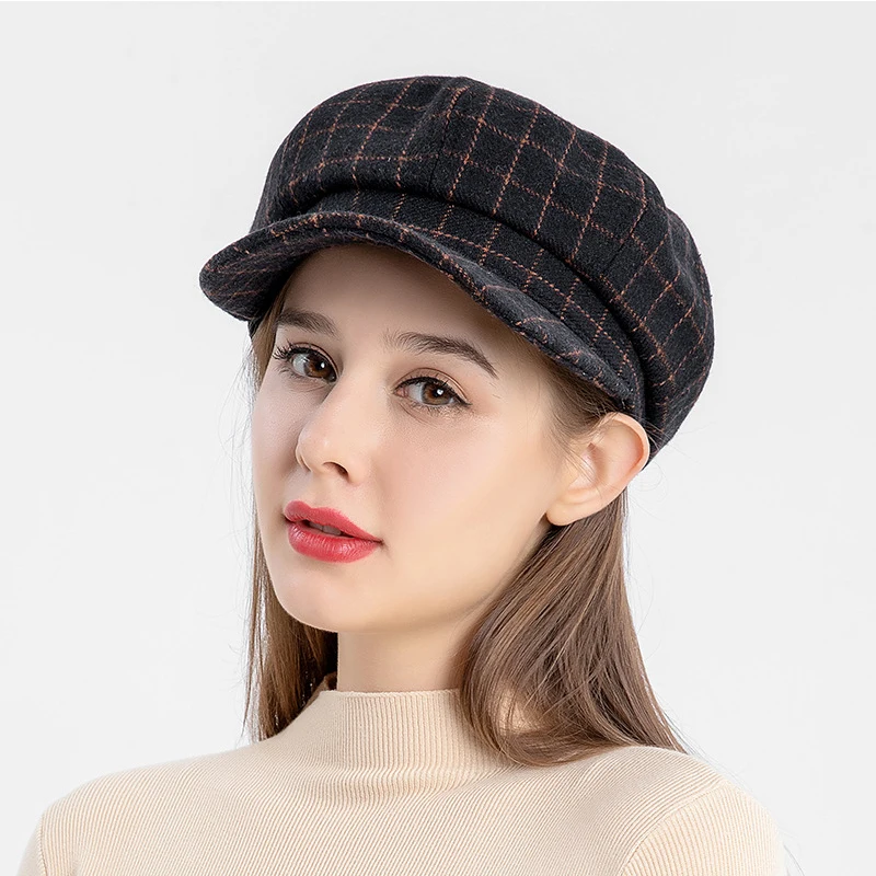 K239 Women's Hats Fashion 2021 New Berets Women's Retro Hats Autumn And Winter All-match Check Octagonal Hat Women's Kepi