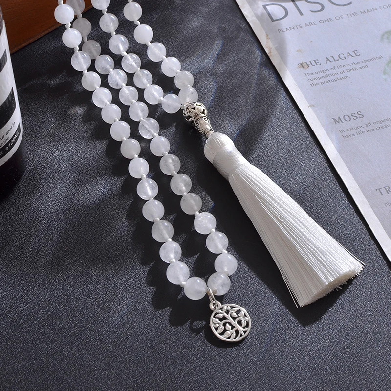 108 Mala Beaded 8mm White Jade Knotted Necklace Meditation Yoga Blessing Jewelry Women Fashion Charm Life Tree Tassel Rosary