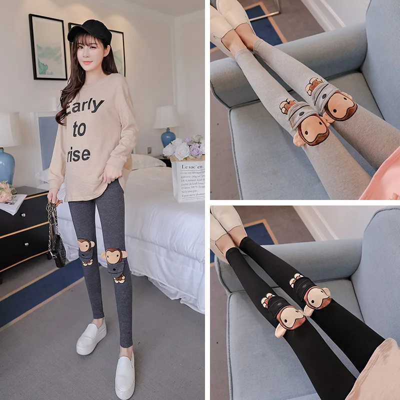 Cute baby monkey pattern pregnant women solid color women belly support trousers pregnant women leggings