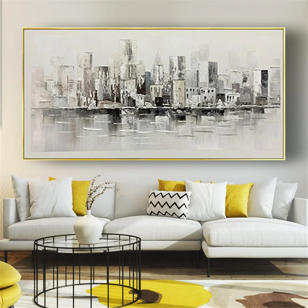 Top Handmade Modern Abstract City Picture White Black Building Oil Painting On Canvas Wall Art Poster For Living Room Decor Gift