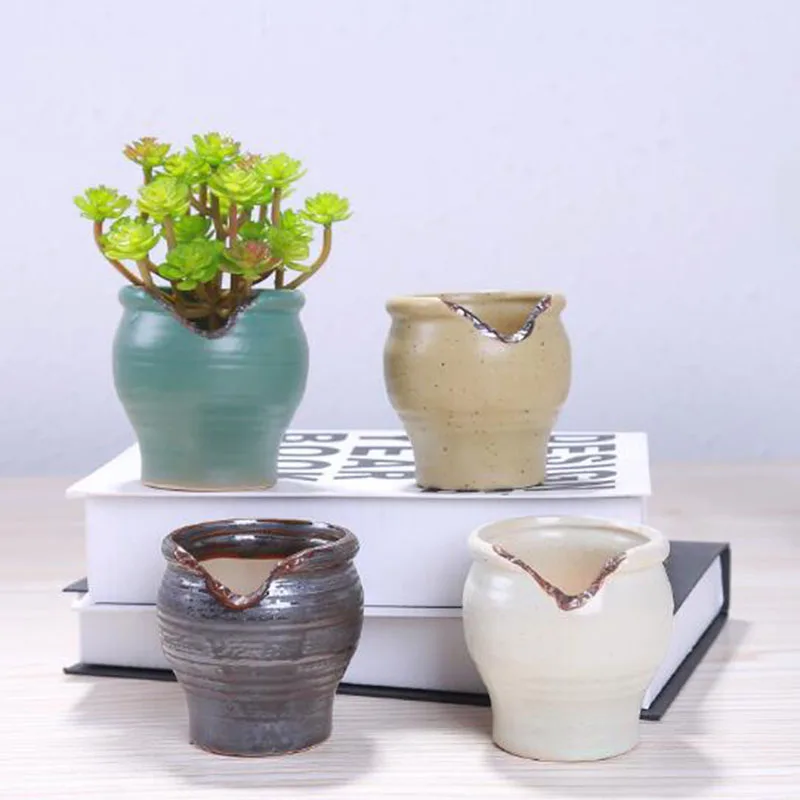 New Style Succulent Plants Ceramic Pot Plain Color Retro Breathable Flowepot Bonsai Planter Pot Home Garden Decor