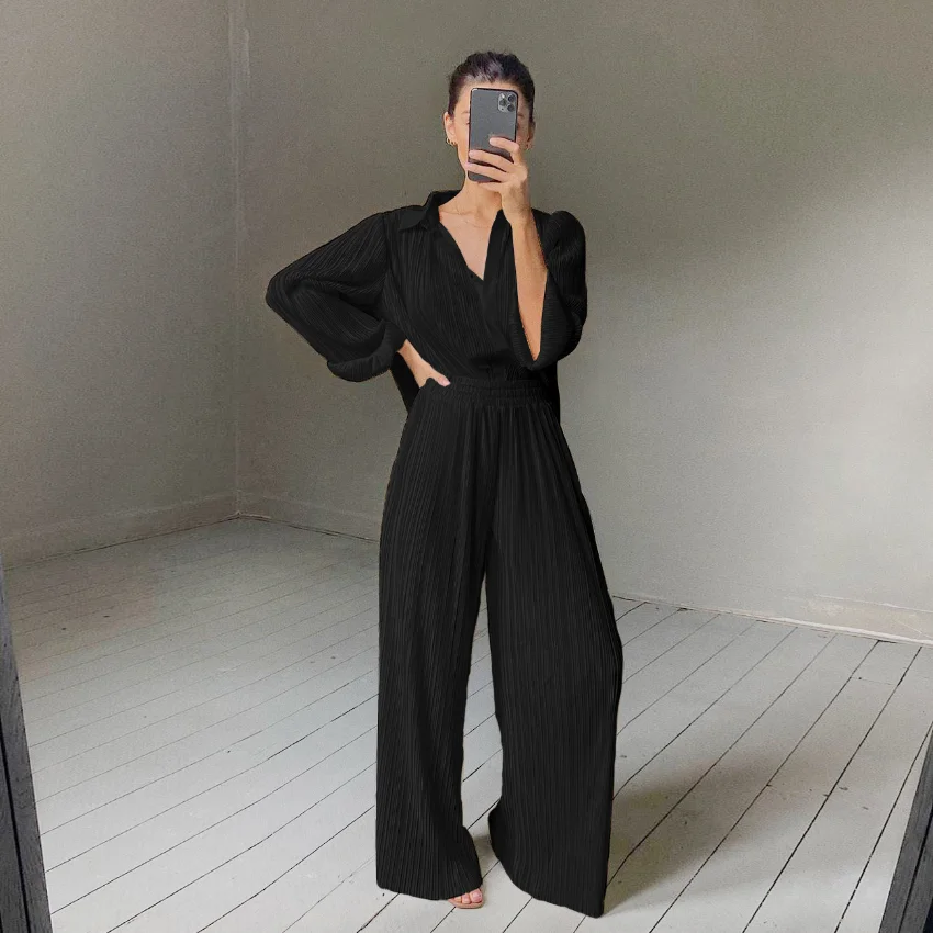 

Women Suit 2021 Autumn Spring LOOSE Full Length Casual Chiffon Elastic Waist Solid Shirt and Pants 2 Pic Set Euro-America Style