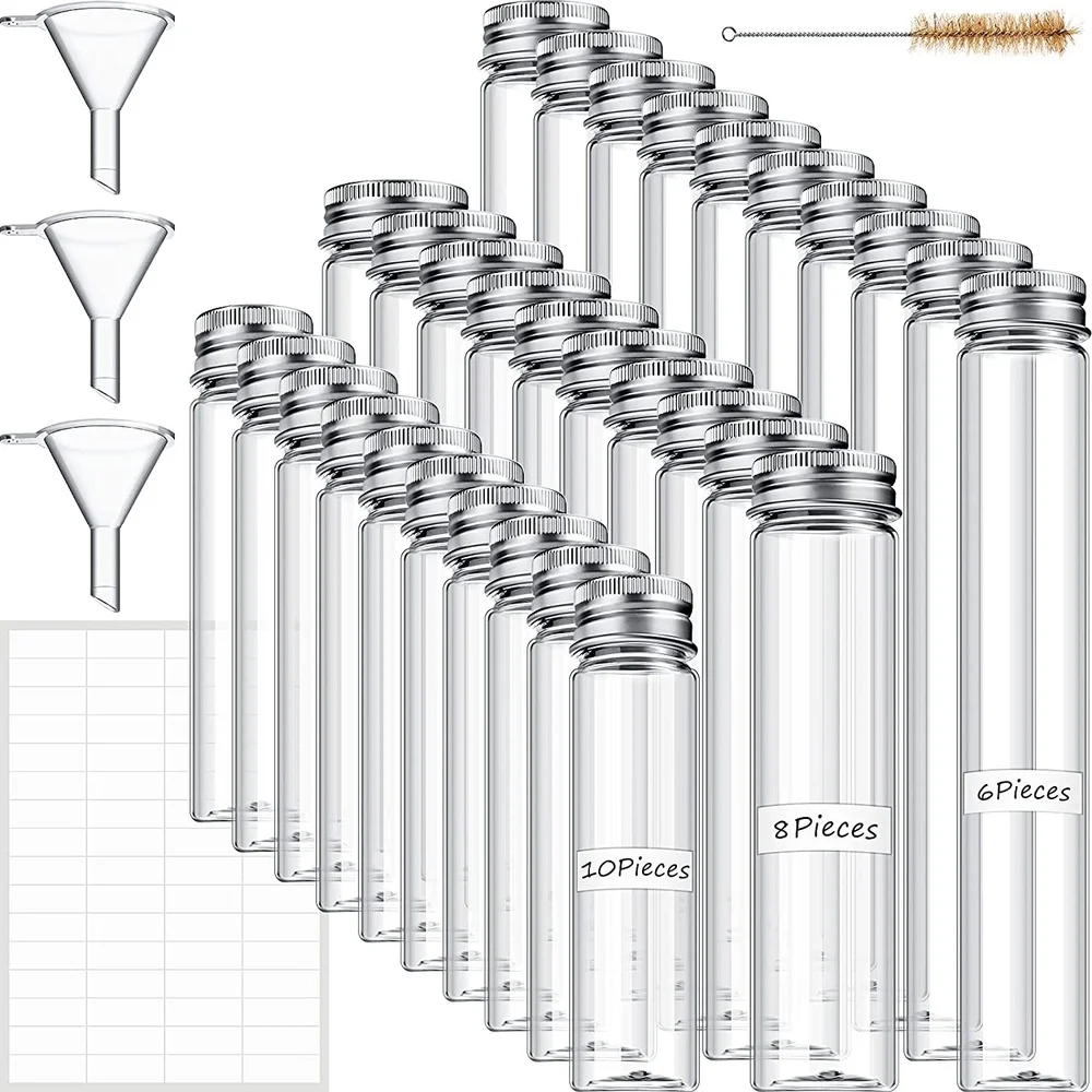 24 Pieces Clear Flat Plastic TestTubes with Screw Cap and 40 Label1Brush 3 Funnel,ForCandy Bath Salt Storage Container