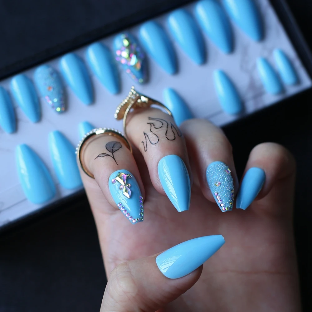 Glossy Coffin Baby blue Press on nails  with box French crystal design Exquisite Fake nails Gel Cover False nails Ballet Square