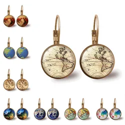 New American Movie Map Brass Post Women's Glass Punk Jewelry Stud Earth World Map 1pair / Lot Arrow Vintage Earrings Steampunk
