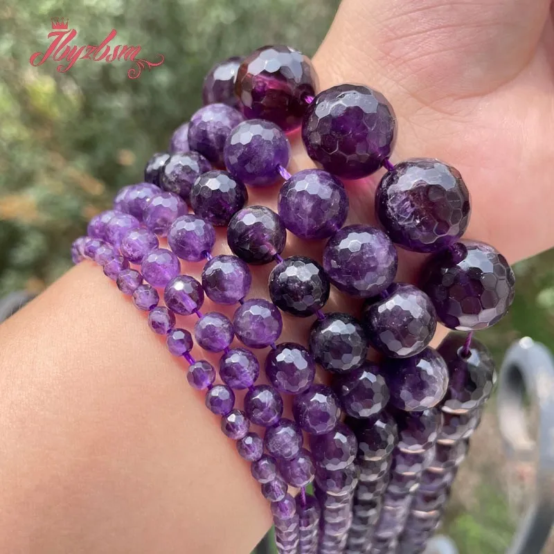 Faceted Round Amethysts Crystal Natural Stone Loose Beads 4.6.8.10.12.14mm for DIY Women Men Necklace Bracelat  Jewelry Making