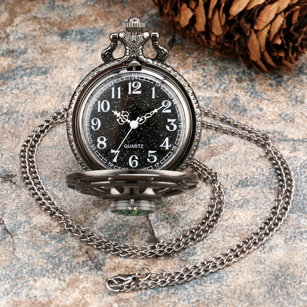 Fashion Black Silver Quartz Pocket Watch with Compass Starry Sky Clock Steampunk Fob Necklace Pendant Watches Chain Gift Unisex