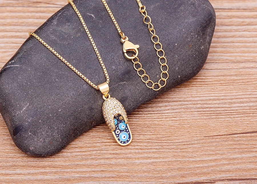 Nidin Mirco Pave CZ Rhinestone Enamel Slipper Pendant For Women Blue Evil Eye Necklace Chain Gold Plated Party Summer Jewelry