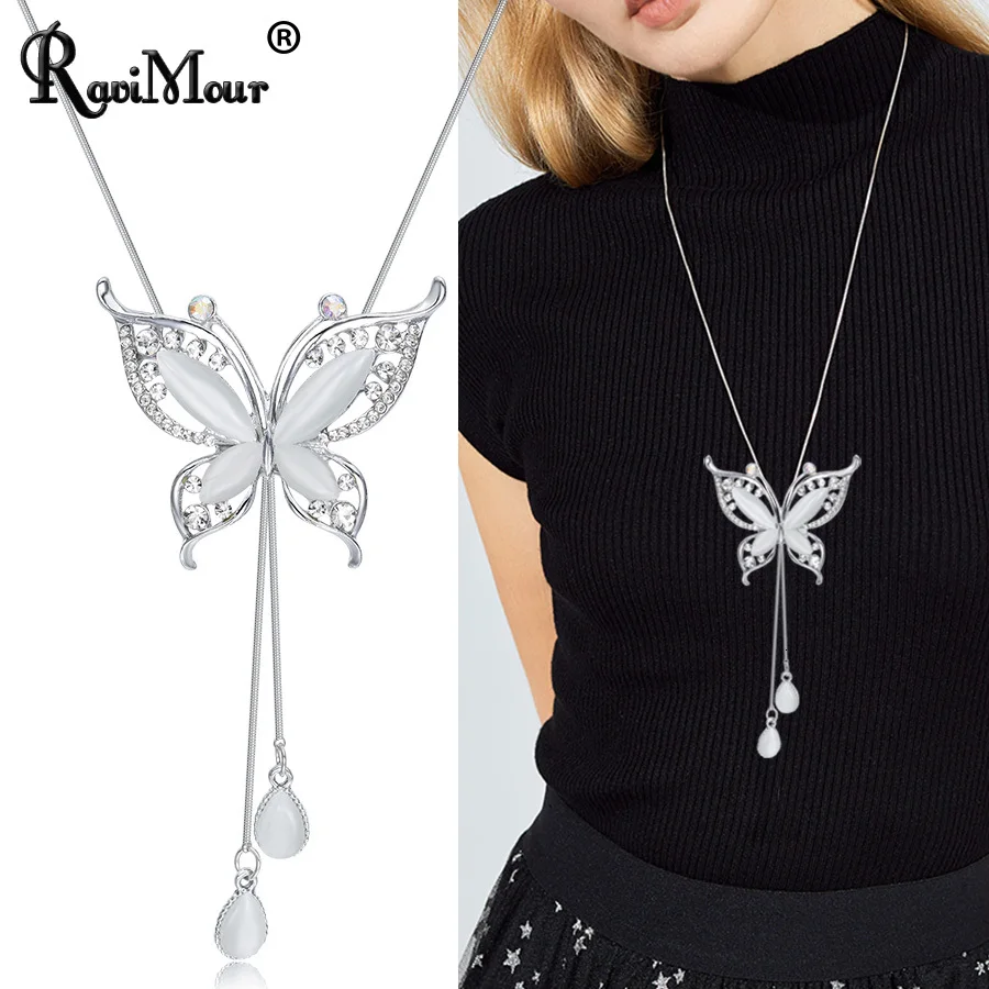 RAVIMOUR Choker Necklace for Women Opal Stone Big Butterfly Collier Femme Fashion Jewelry Korean Long Chain Kolye Gift for Girl