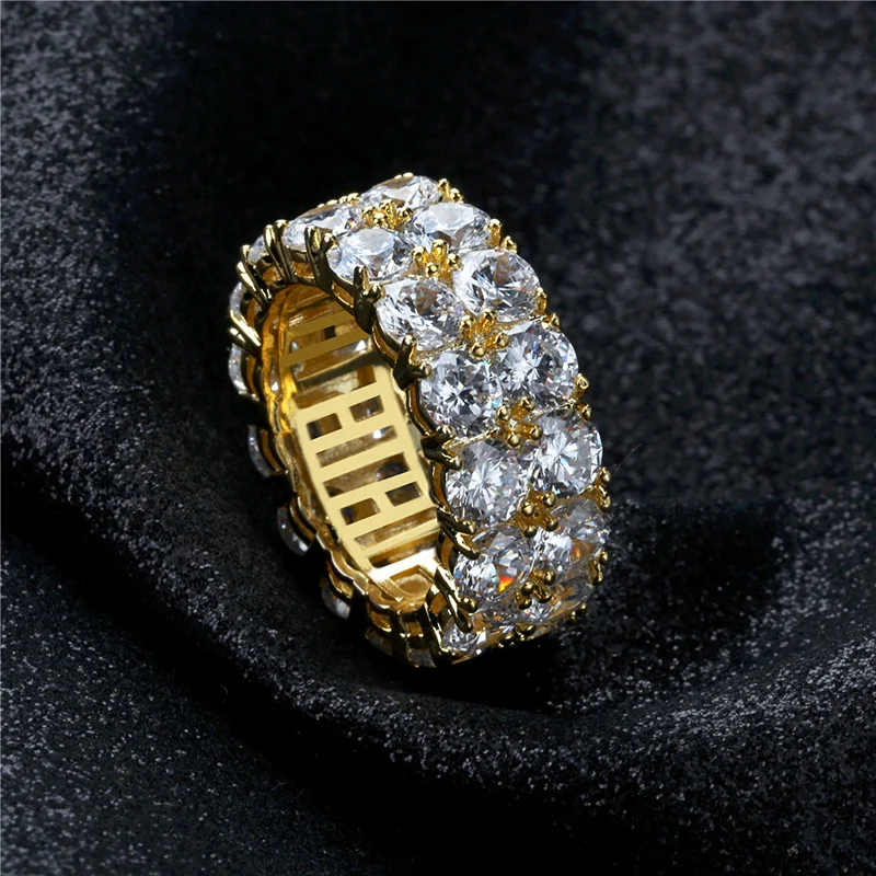 S925 Sterling Silver 2 Rows CZ Stone Bling Iced Out Round Finger Rings for Men Women Hip Hop Rapper Jewelry