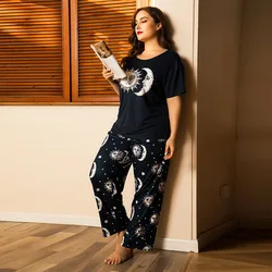 Conjuntos de pijama feminino plus size, 4xl, 2 peças, verão, lua, impressão, manga curta, macio, roupa de dormir, outono