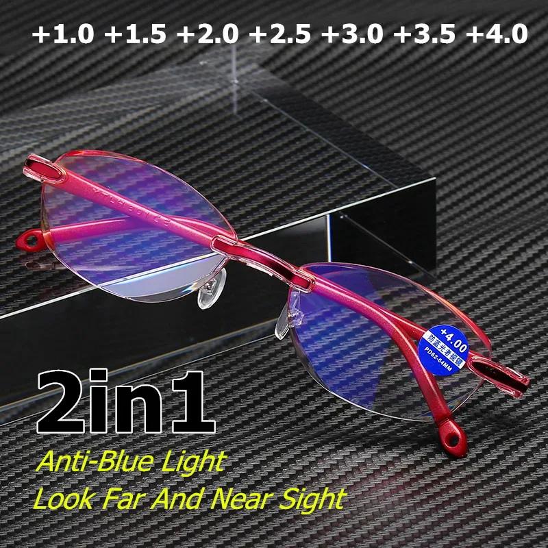 Anti Blue Light Reading Glasses Presbyopia Memory Hyperopia Frameless Magnifier Eyeswear Rimless +1.0+1.5+2.0+2.5+3.0+3.5+4.0