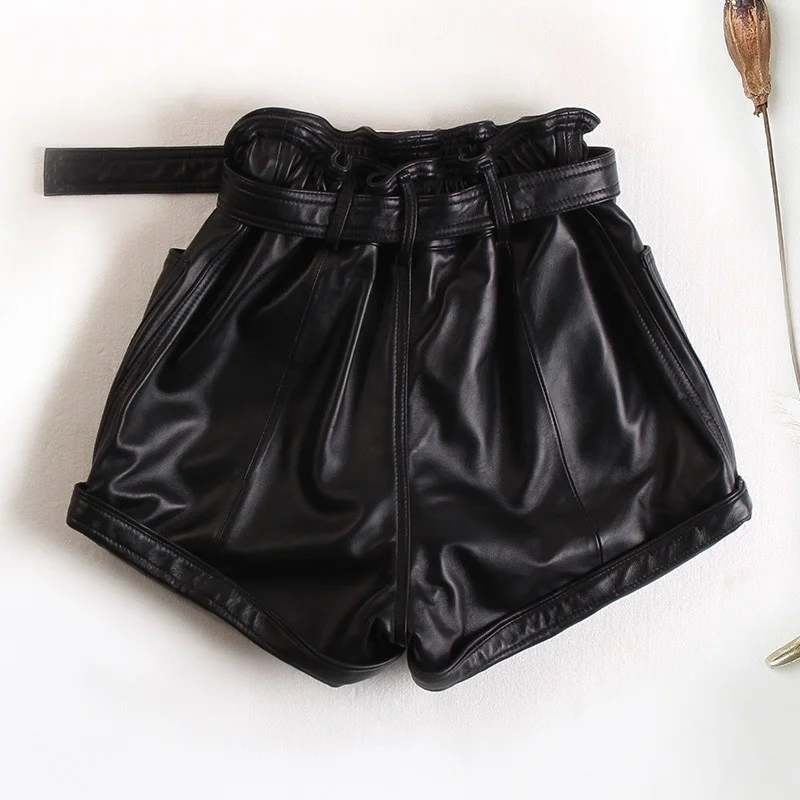 Genuine Pink Leather Shorts Women Casual Elastic High Waist Wide Leg A-Line Shorts Autumn Winter Pocket Loose Sheepskin Shorts