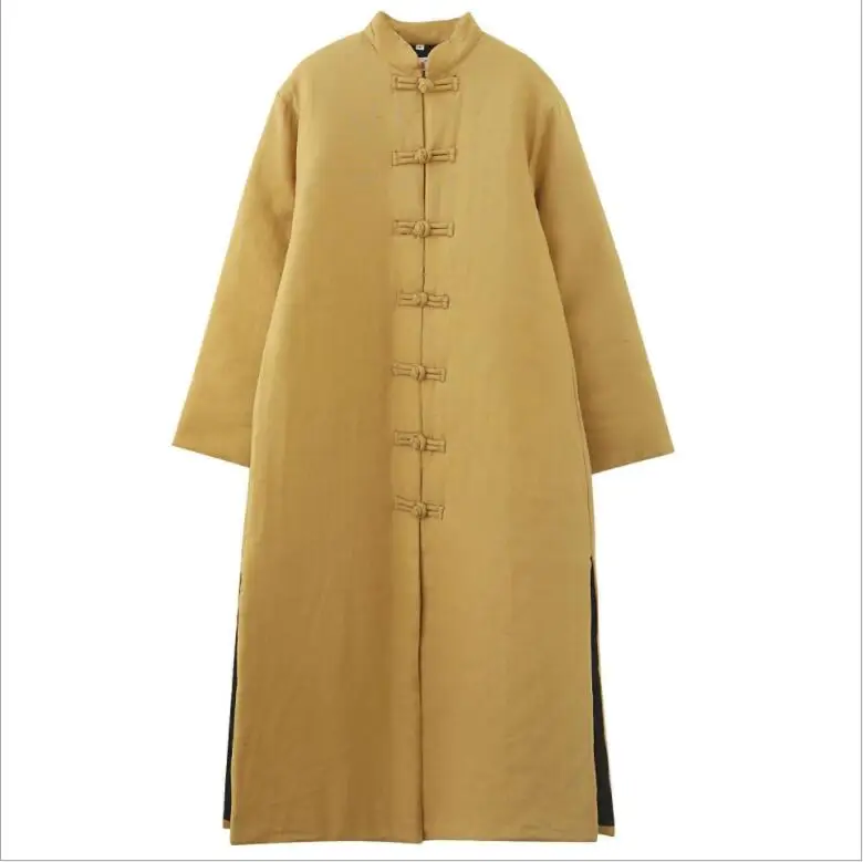 Robe longue d'hiver en coton pour hommes, vêtements longs, Style National chinois rétro, coton rembourré, couleur unie, loisirs, col montant