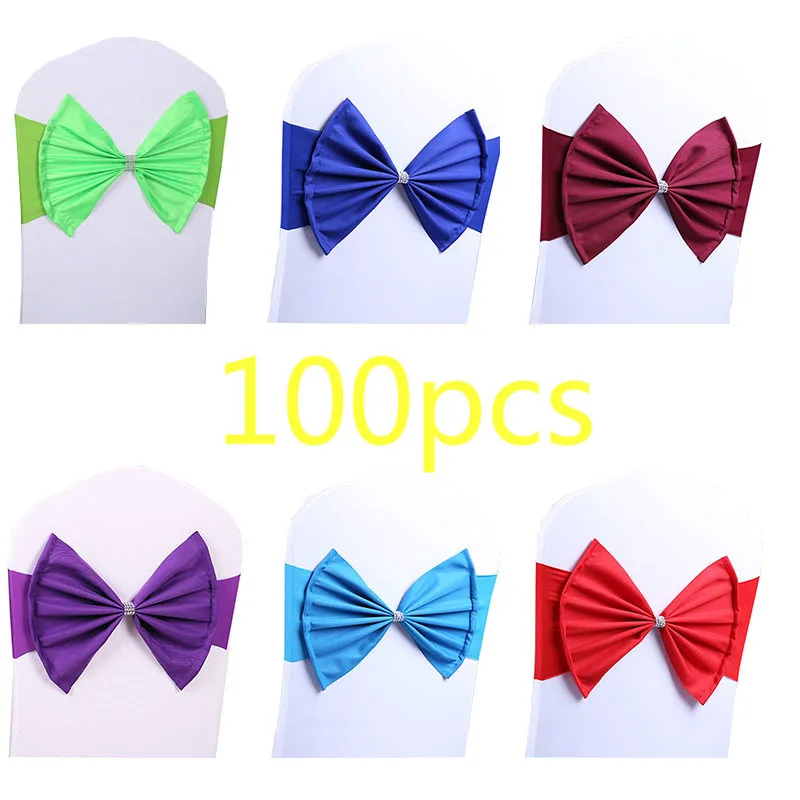 

100 Pcs Wedding Chair Sash Crystal Bow Chair cover Band Elastic Spandex Cover Chair Sashes Event Party