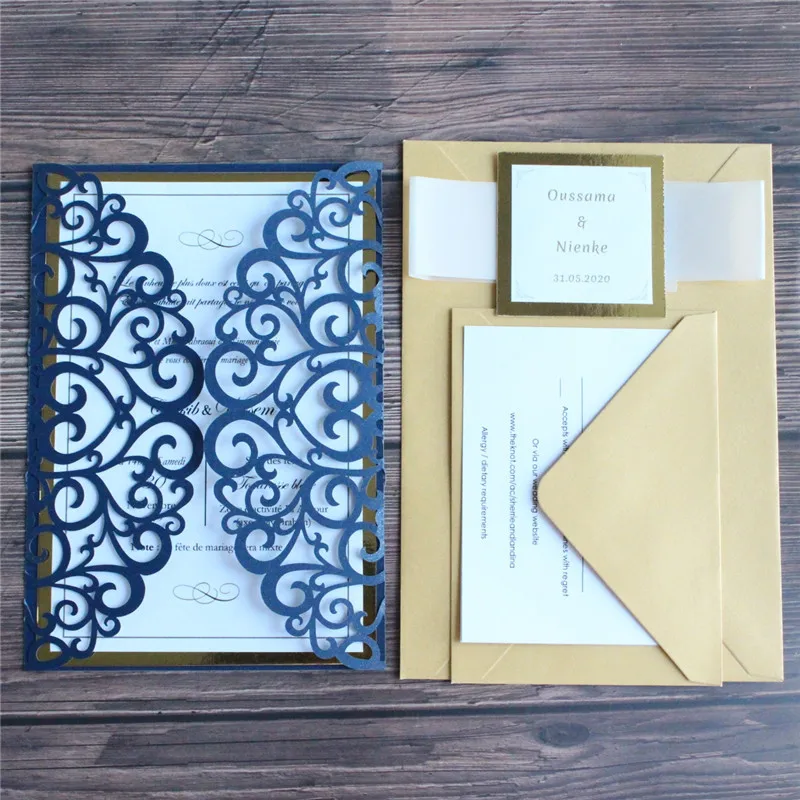 

Custom wedding invitations navy blue floral laser cut pocket with envelopes personalized insert card RSVP belly band printing