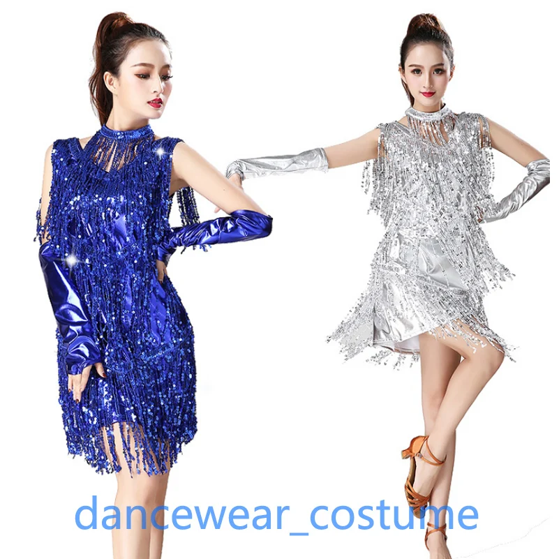 Women Sexy Prom Party Ballroom Latin Tango Jazz Modern Salsa Dance Dress Performance Practice Sequins Tassels Fringe Skirt 10Col