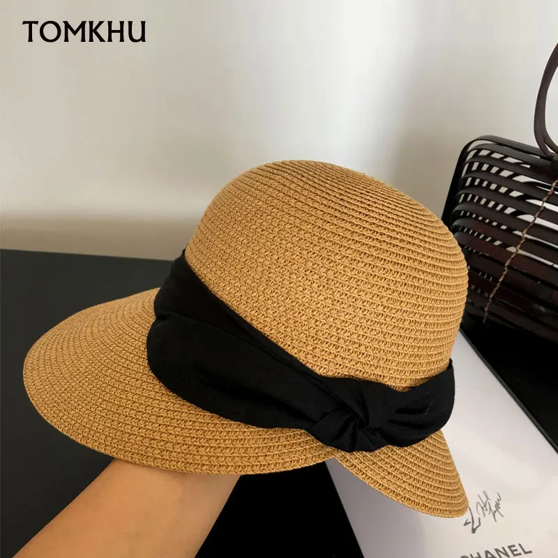 Lady Sun Hat Big Bow Wide Brim Floppy Summer Hats For Women Beach Panama Straw Bucket Hat Sun Protection Visor Femme Casual Cap