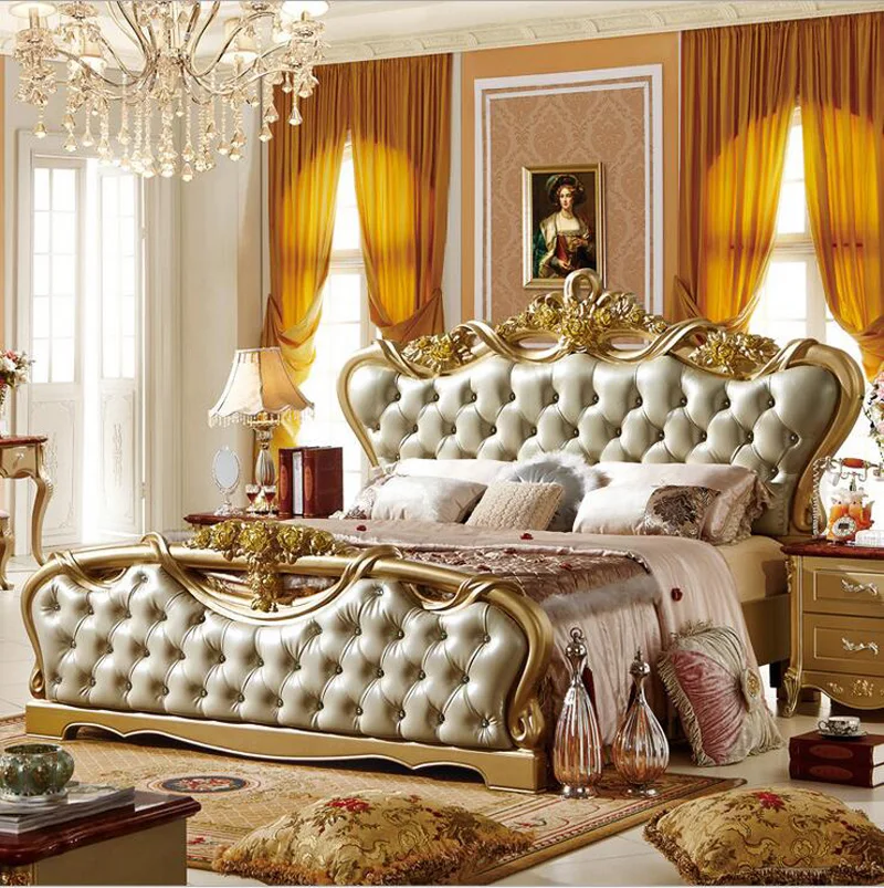 High quality  European modern  leather french bed 2 people king size Luxury gold color p10076