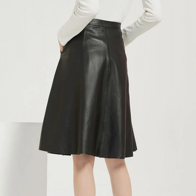 Elegant Women Black Genuine Leather A-Line Skirts Luxury Streetwear Sheepskin Knee Length Skirt Office Lady Zipper Skirts Pocket