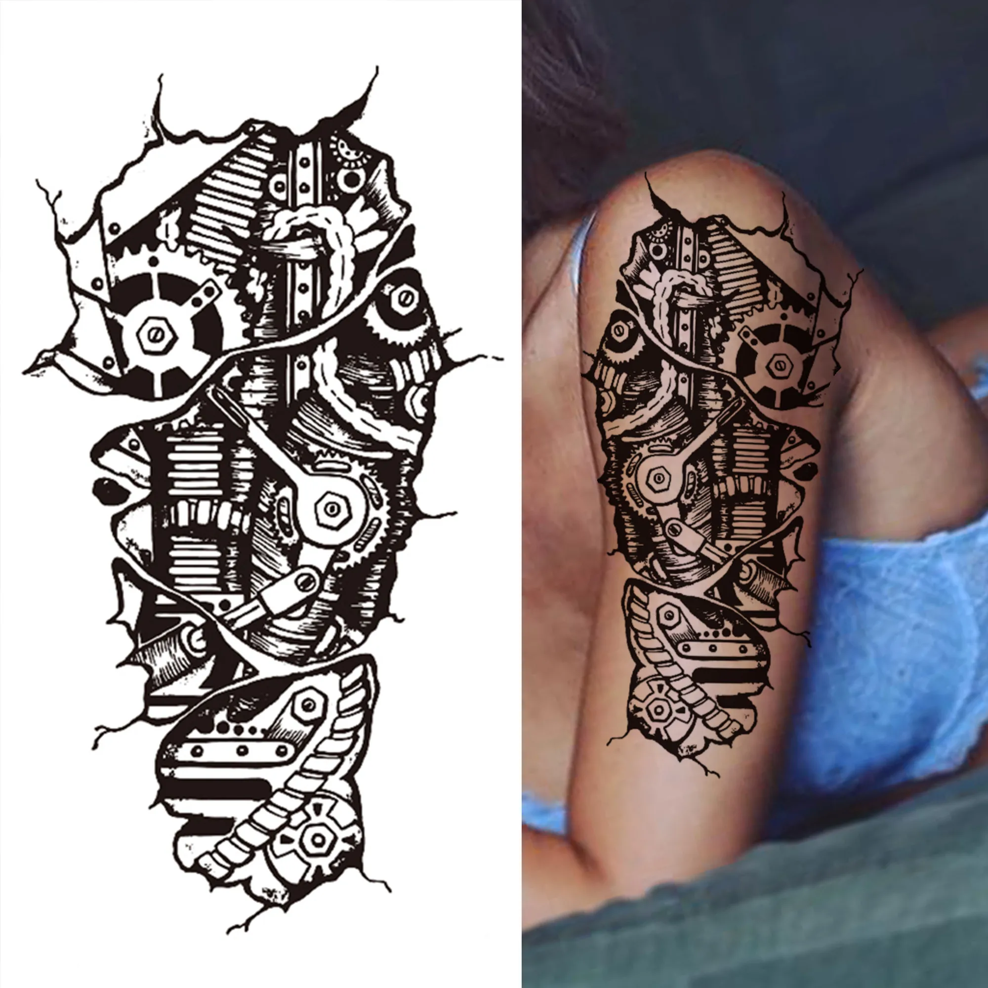 Robotic Arm Temporary Tattoos For Women Men Kids Adult Black Compass Wolf Tattoo Sticker Cross Lion Fake Evil Demon Tatoos Paper