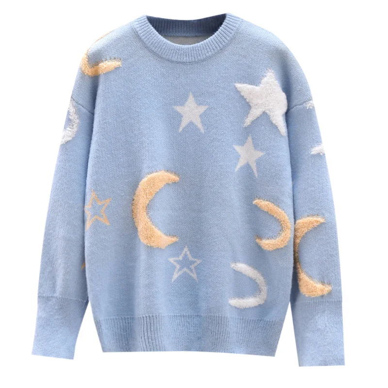 Korean Fashion Moon Stars Loose Sweater Women 2024 New Autumn Winter Pullovers Female Knitwear Casual Jumper Fall Knit Clothes