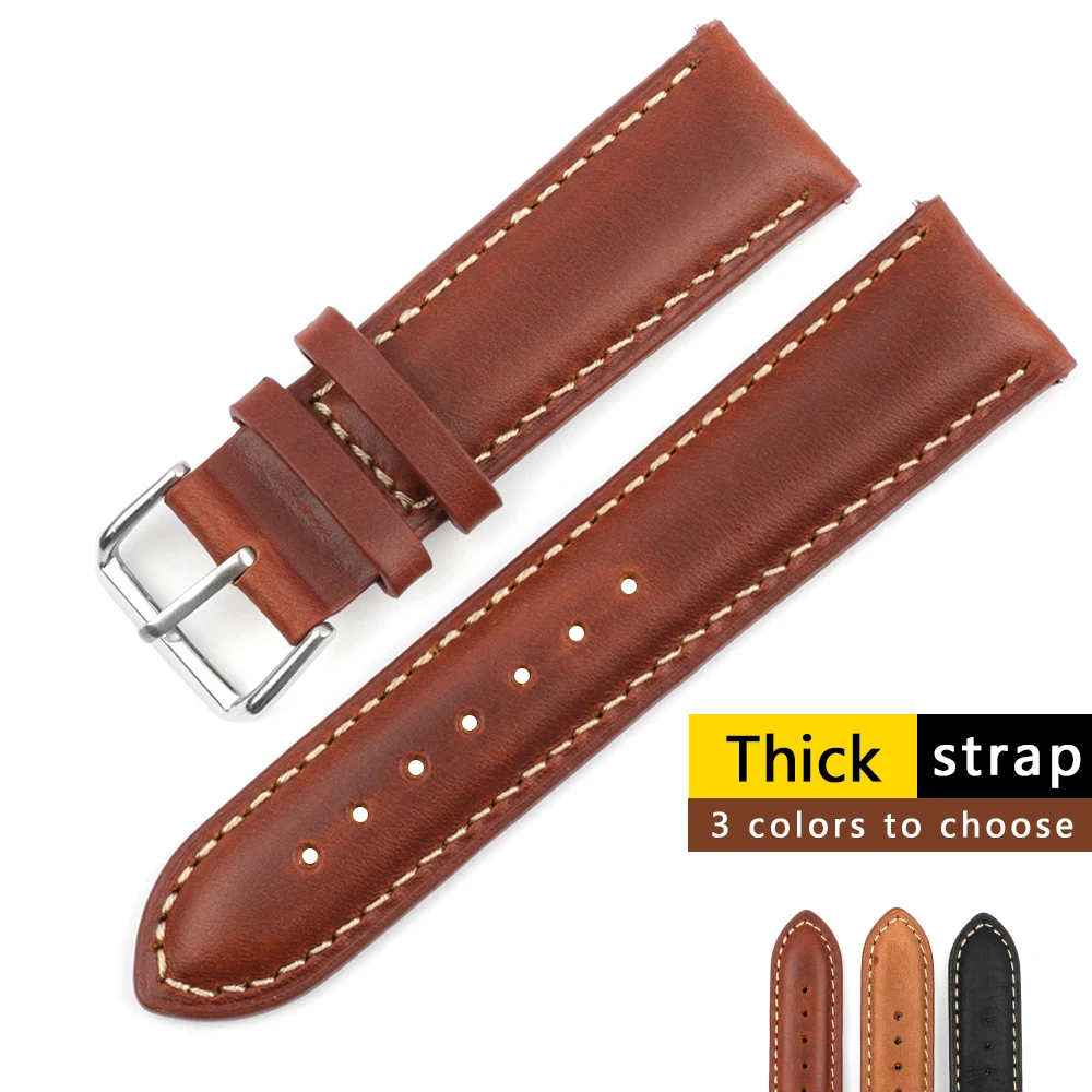 

Vintage Cow Leather Watch Band 19mm 21mm 22mm Retro Handmade Wristband Brown Watchband Replacement Silver Buckle for Men Watch