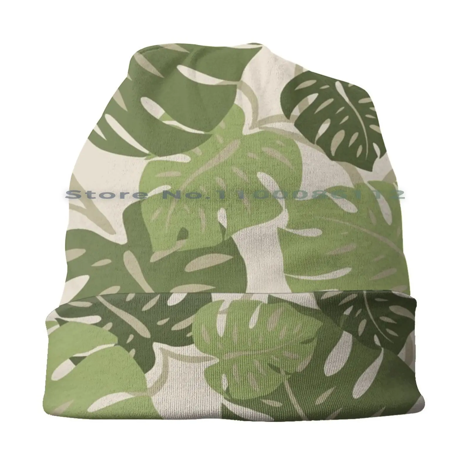 Cliff Hanger Monstera Leaf Hawaiian Print-Sage And Olive Green Beanies Knit Hat Monstera Leaves Leaf Hawaiian Tropical Forties