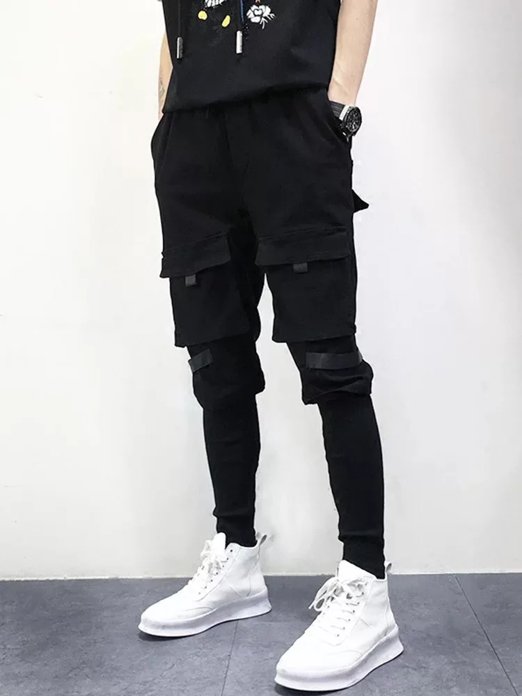 Free Shipping Men's Male Fashion Black Trendy Hip-hop Style Multi-pocket Decoration Stitching Two Sections Harem Pants Trousers