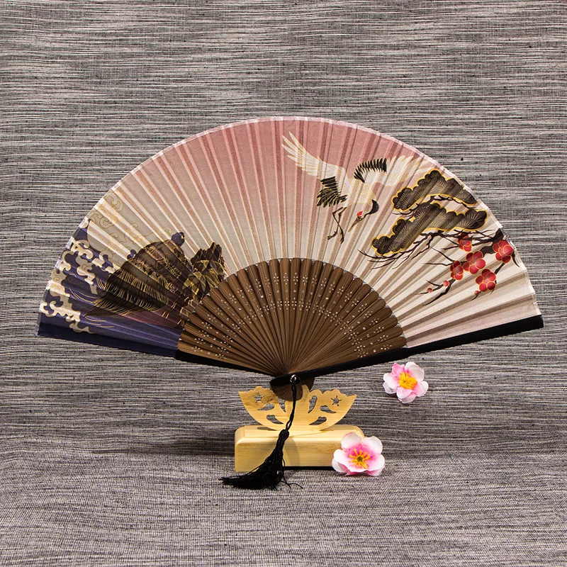 Retro Folding Silk Fan Chinese Japanese Tassel  Dance Hand Fan Decorative Bamboo Handle Hand Fan Decoration Ornaments Craft Gift