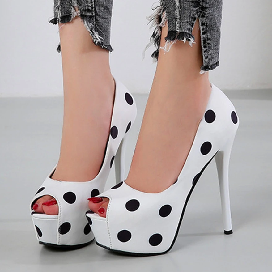 Black White Fashion Polka Dot Silk Work Shoes For Women Peep Toe Platform Pumps Autumn Super High Heels Dress Party Ladies Shoes